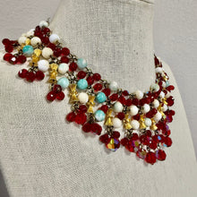 Load image into Gallery viewer, Mid Century Multi Strand Beaded Collar Necklace Ruby Glass Swirl Beads Crown Clasp