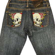 Load image into Gallery viewer, Y2K Ed Hardy Swarovski Crystal Skull Low Rise Flare Jeans Size 27