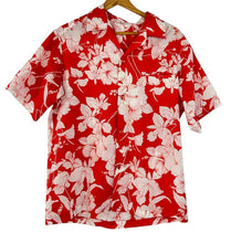 Load image into Gallery viewer, Vintage Aloha Shirt Hibiscus Red & White Chest Pocket Size Medium Chest 45"