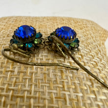 Load image into Gallery viewer, Vintage Kitsch Blue and Green Cluster Prong Set Stones Flower Earrings