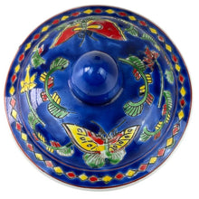 Load image into Gallery viewer, Blue Bone China Jar with Butterflies & Flowers