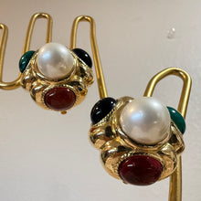 Load image into Gallery viewer, 80s 90s CINER Faux Pearl Multi Cabochon Statement Clip On Earrings Gold Tone