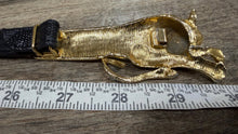 Load image into Gallery viewer, Vintage St. John Gold Panther Buckle on Thin Black Leather Cinch Belt Size Small