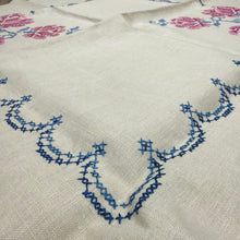 Load image into Gallery viewer, 50s Hand Embroidered Roses Linen Card Table Tablecloth & Napkins Set