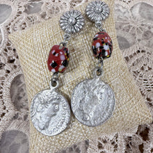 Load image into Gallery viewer, Vintage Silver-Tone Roman Coin & Red Millefiori Glass Bead Dangle Earrings