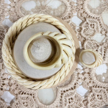 Load image into Gallery viewer, Vintage Carved Natural Bone Set 3 Twist Bangles 2 Swirl Dome Rings w Gold Inlay