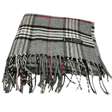 Load image into Gallery viewer, Gray Plaid Casmink Fringe Scarf Super Soft 64"