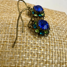 Load image into Gallery viewer, Vintage Kitsch Blue and Green Cluster Prong Set Stones Flower Earrings