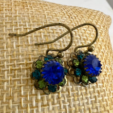 Load image into Gallery viewer, Vintage Kitsch Blue and Green Cluster Prong Set Stones Flower Earrings