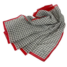 Load image into Gallery viewer, Sheer Black Rectangle Scarf Pattern: Black and white checkered with red border