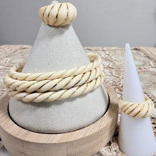 Load image into Gallery viewer, Vintage Carved Natural Bone Set 3 Twist Bangles 2 Swirl Dome Rings w Gold Inlay