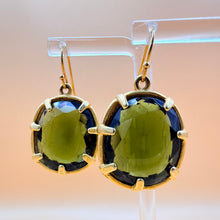 Load image into Gallery viewer, Vintage Gerard Yosca Olive Green Glass Oval Collet Wire Drop Earrings