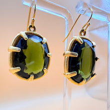 Load image into Gallery viewer, Vintage Gerard Yosca Olive Green Glass Oval Collet Wire Drop Earrings
