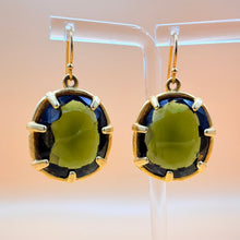 Load image into Gallery viewer, Vintage Gerard Yosca Olive Green Glass Oval Collet Wire Drop Earrings