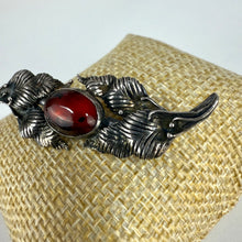 Load image into Gallery viewer, Vintage Silvertone Feather Brooch with Red Cabochon Mid Century Statement Pin