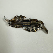 Load image into Gallery viewer, Vintage Silvertone Feather Brooch with Red Cabochon Mid Century Statement Pin