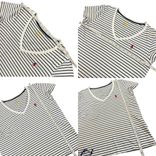 Load image into Gallery viewer, Polo Ralph Lauren White & Navy Striped Cotton V-Neck T-Shirt Size Medium