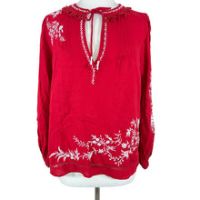 Load image into Gallery viewer, Sundance Red Embroidered Linen Peasant Top Size Medium