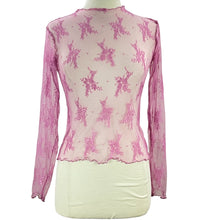 Load image into Gallery viewer, Mauve Pink Lettuce Trim Sheer Lace Long Sleeve Top Size Small
