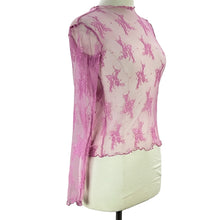 Load image into Gallery viewer, Mauve Pink Lettuce Trim Sheer Lace Long Sleeve Top Size Small