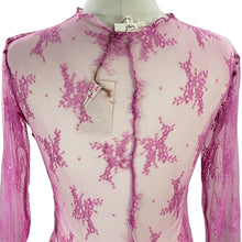 Load image into Gallery viewer, Mauve Pink Lettuce Trim Sheer Lace Long Sleeve Top Size Small