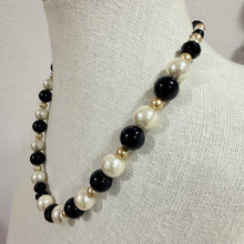 Load image into Gallery viewer, Vintage 1960s Black Cream Faux Pearl Glass Bead Necklace Silver Flower Box Clasp