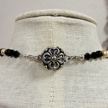 Load image into Gallery viewer, Vintage 1960s Black Cream Faux Pearl Glass Bead Necklace Silver Flower Box Clasp