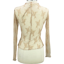 Load image into Gallery viewer, Mauve White Lettuce Trim Sheer Lace Long Sleeve Top Size Small
