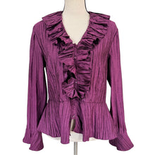 Load image into Gallery viewer, 90s Nygård Plum Purple Crushed Pleated Ruffle Collar Blouse Large