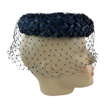 Load image into Gallery viewer, Mid Century Navy Blue Pillbox Hat Size Small