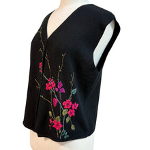 Load image into Gallery viewer, 90s Embroidered Pink Blossoms Black Knit Vest Large