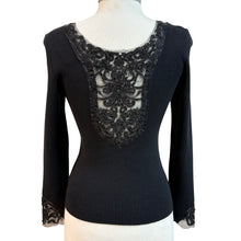 Load image into Gallery viewer, Vintage Black Ribbed Knit Sweater Sequin & Lace Trim Size Small