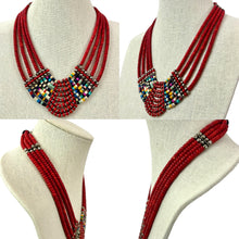 Load image into Gallery viewer, Red Tribal Beaded Multi-Strand Necklace 19.5