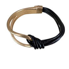 Load image into Gallery viewer, Black Leather Bracelet with Gold Tone Accent