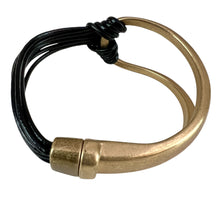 Load image into Gallery viewer, Black Leather Bracelet with Gold Tone Accent