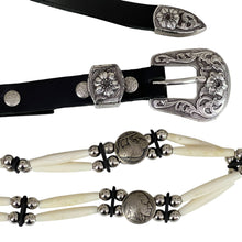 Load image into Gallery viewer, Vintage Buffalo Nickel Beaded Leather & Concha Belt Size 36