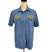 Load image into Gallery viewer, 90s Embroidered Sunflowers Denim Shirt Size Small Made in Hong Kong