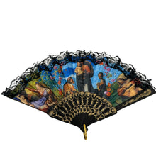 Load image into Gallery viewer, Vintage Mother Mary Folding Hand Fan Lace Trim Sacred Art Devotional