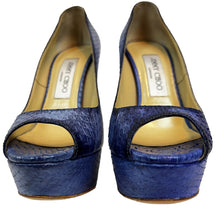 Load image into Gallery viewer, Jimmy Choo Women’s Blue Snakeskin Peep Toe Platform Heels 37 1/2
