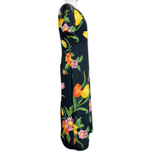 Load image into Gallery viewer, 90s Long Black Floral Short Sleeve Dress Size Medium