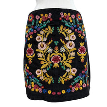 Load image into Gallery viewer, Black Floral Embroidered Boho Mini Skirt Size Medium