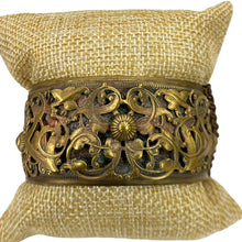Load image into Gallery viewer, Victorian Victorian Revival Brass Filigree Carved Hinged Bracelet 7 1/8" Brass Filigree Carved Hinged Bracelet