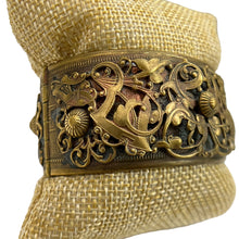 Load image into Gallery viewer, Victorian Revival Brass Filigree Carved Hinged Bracelet