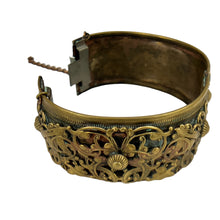 Load image into Gallery viewer, Victorian Revival Brass Filigree Carved Hinged Bracelet