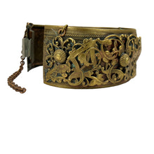 Load image into Gallery viewer, Victorian Revival Brass Filigree Carved Hinged Bracelet