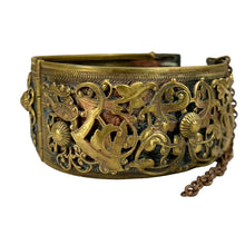 Load image into Gallery viewer, Victorian Revival Brass Filigree Carved Hinged Bracelet
