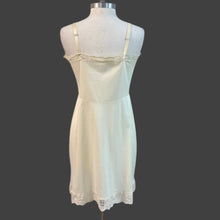 Load image into Gallery viewer, VTG 50s Lace Trim Ivory Slip Dress Blue Floral Embroidery Size Medium