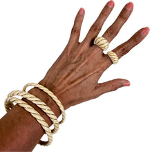 Load image into Gallery viewer, Vintage Carved Natural Bone Set 3 Twist Bangles 2 Swirl Dome Rings w Gold Inlay