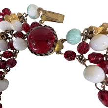 Load image into Gallery viewer, Mid Century Multi Strand Beaded Collar Necklace Ruby Glass Swirl Beads Crown Clasp