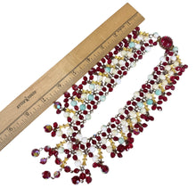 Load image into Gallery viewer, Mid Century Multi Strand Beaded Collar Necklace Ruby Glass Swirl Beads Crown Clasp